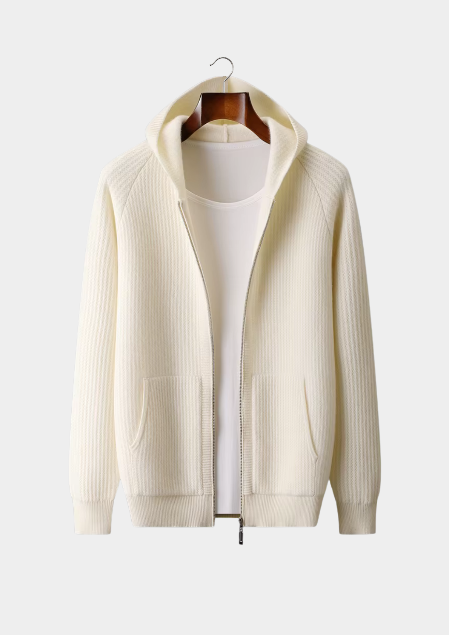 PURE EXTRA-FINÍ MERINO VLNA Žebrovaná s kapucí s YKK zipem