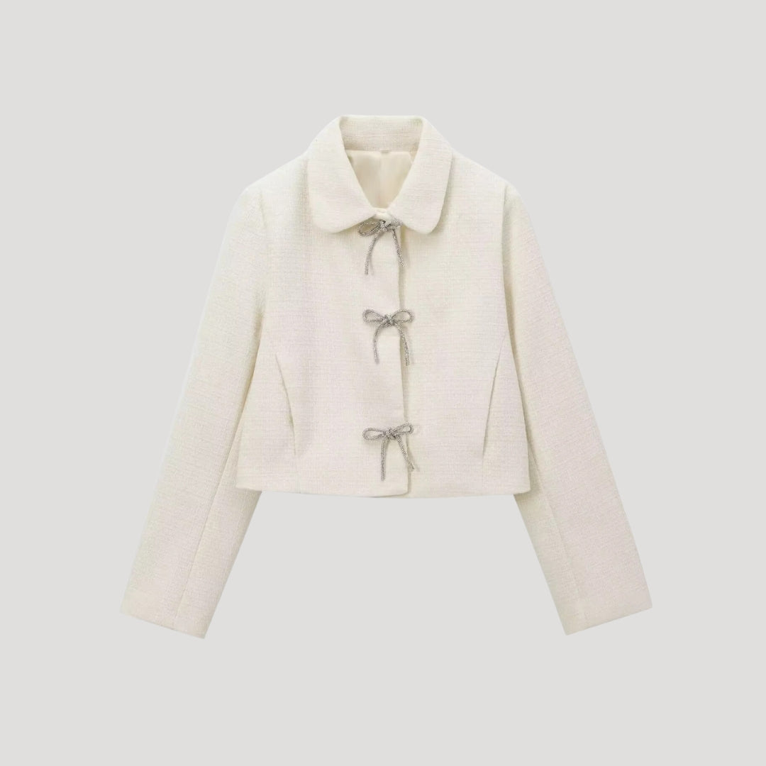 Sako z tkané látky s lukem vpředu – elegantní zkračený střih