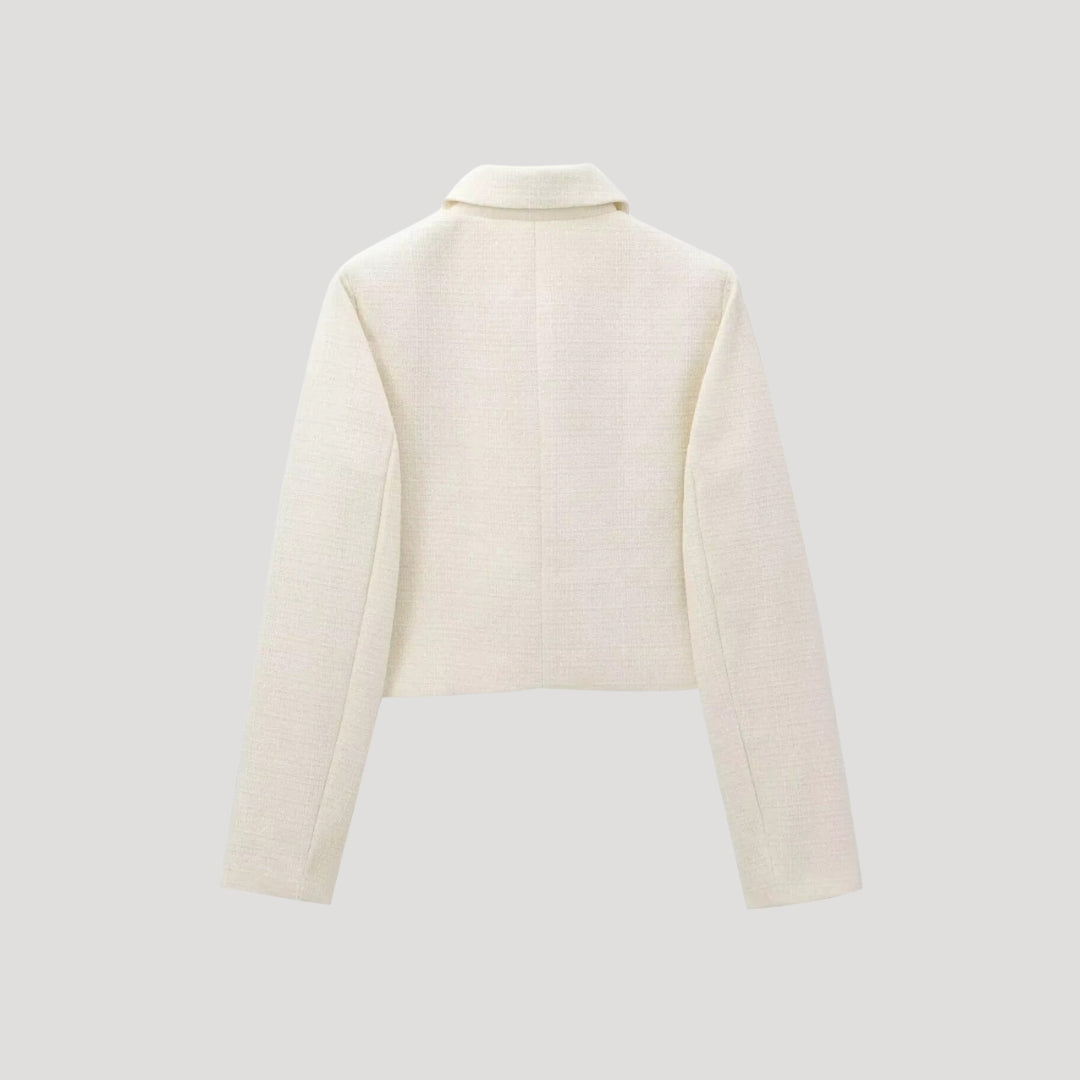 Sako z tkané látky s lukem vpředu – elegantní zkračený střih