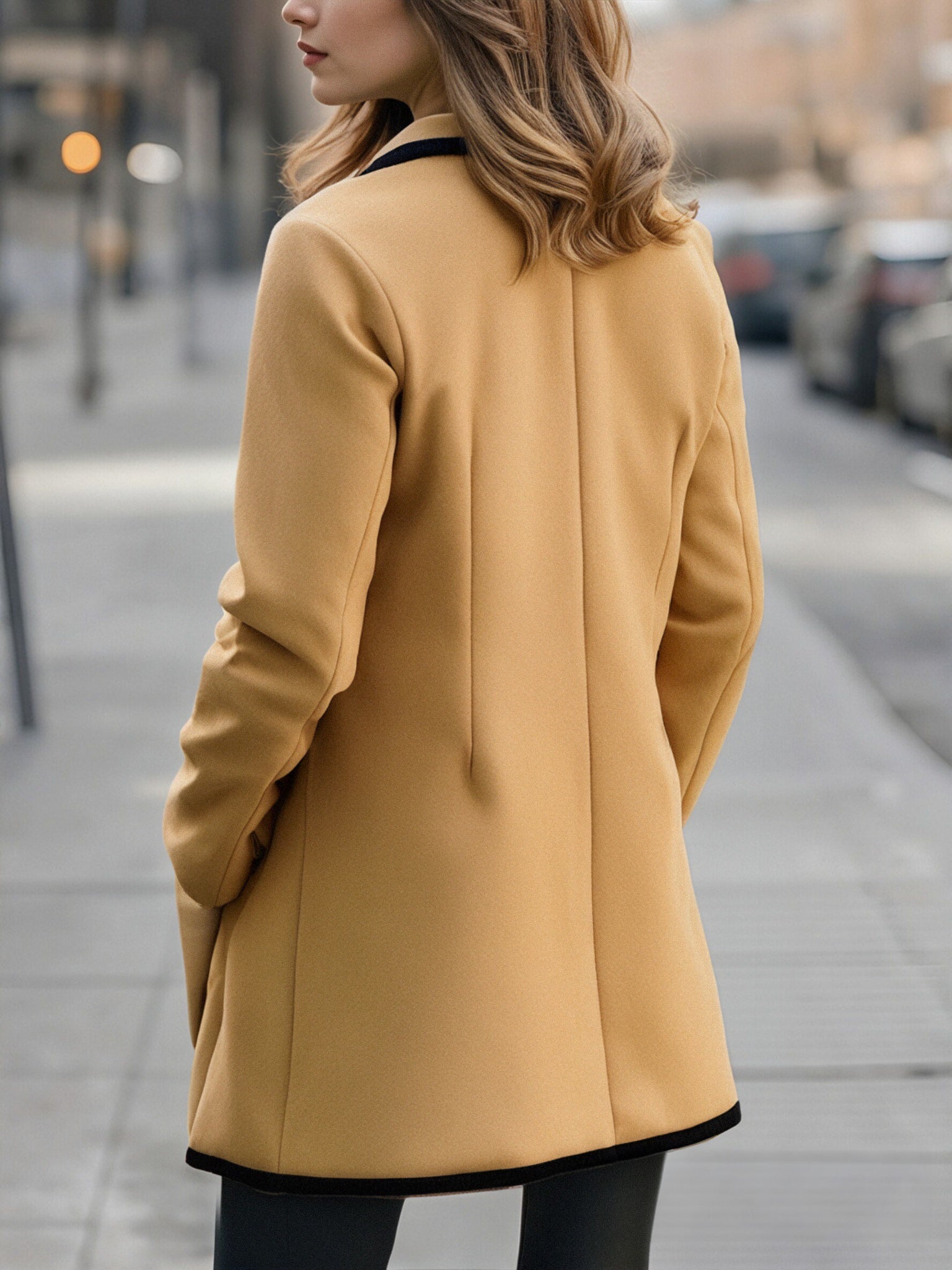 Elegantní bílý kabát s černým lemem a dvojitým zapínáním