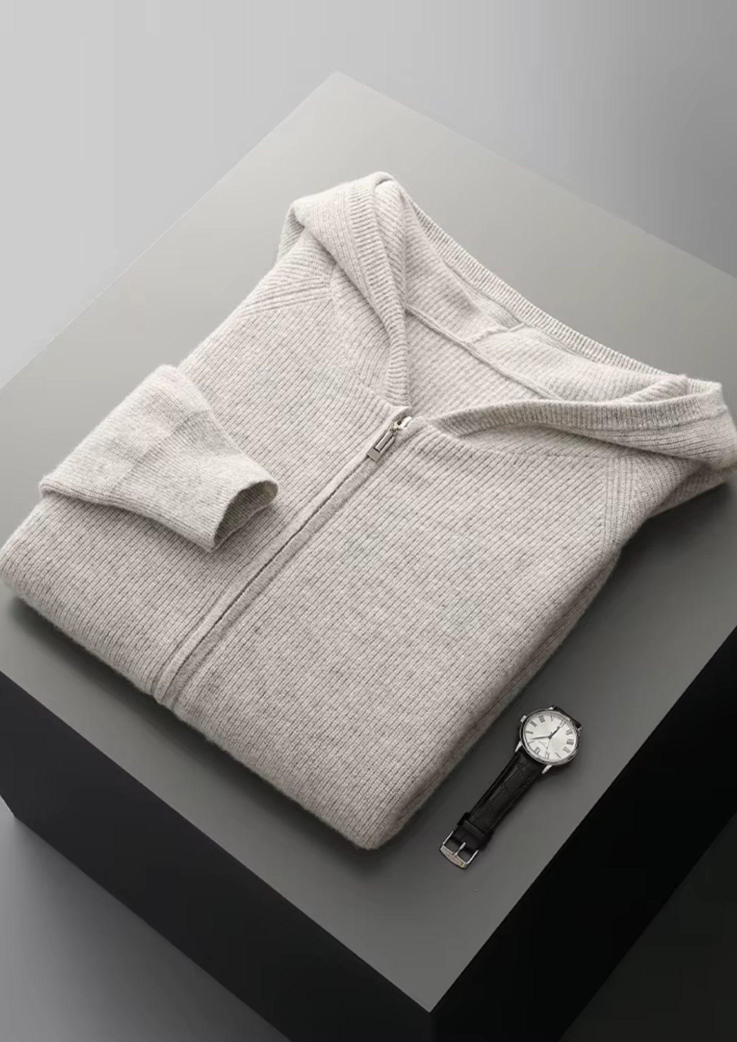 PURE EXTRA-FINE MERINO WOOL RIBBED ZIP HOODIE