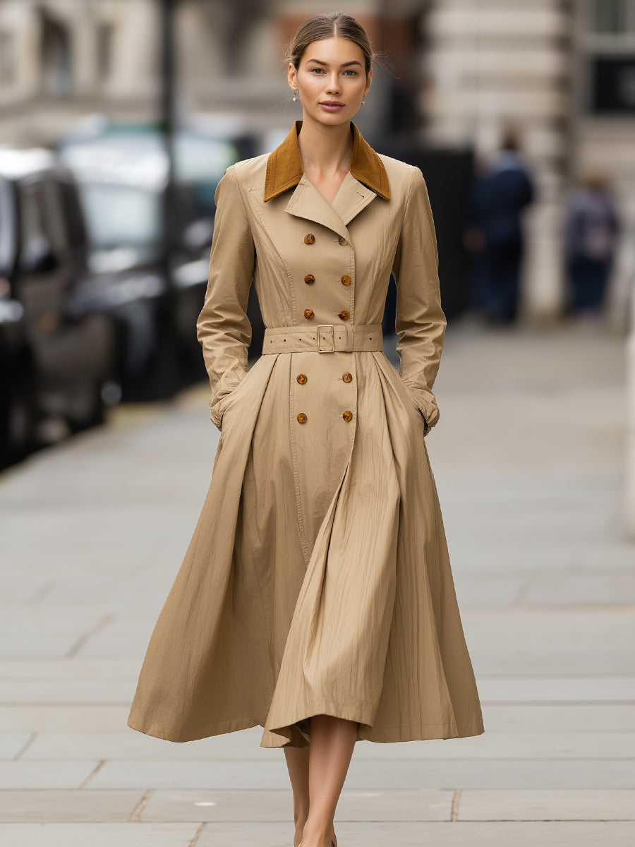 Kamelový trench coat s kontrastním límcem a páskem ve stylu šaty