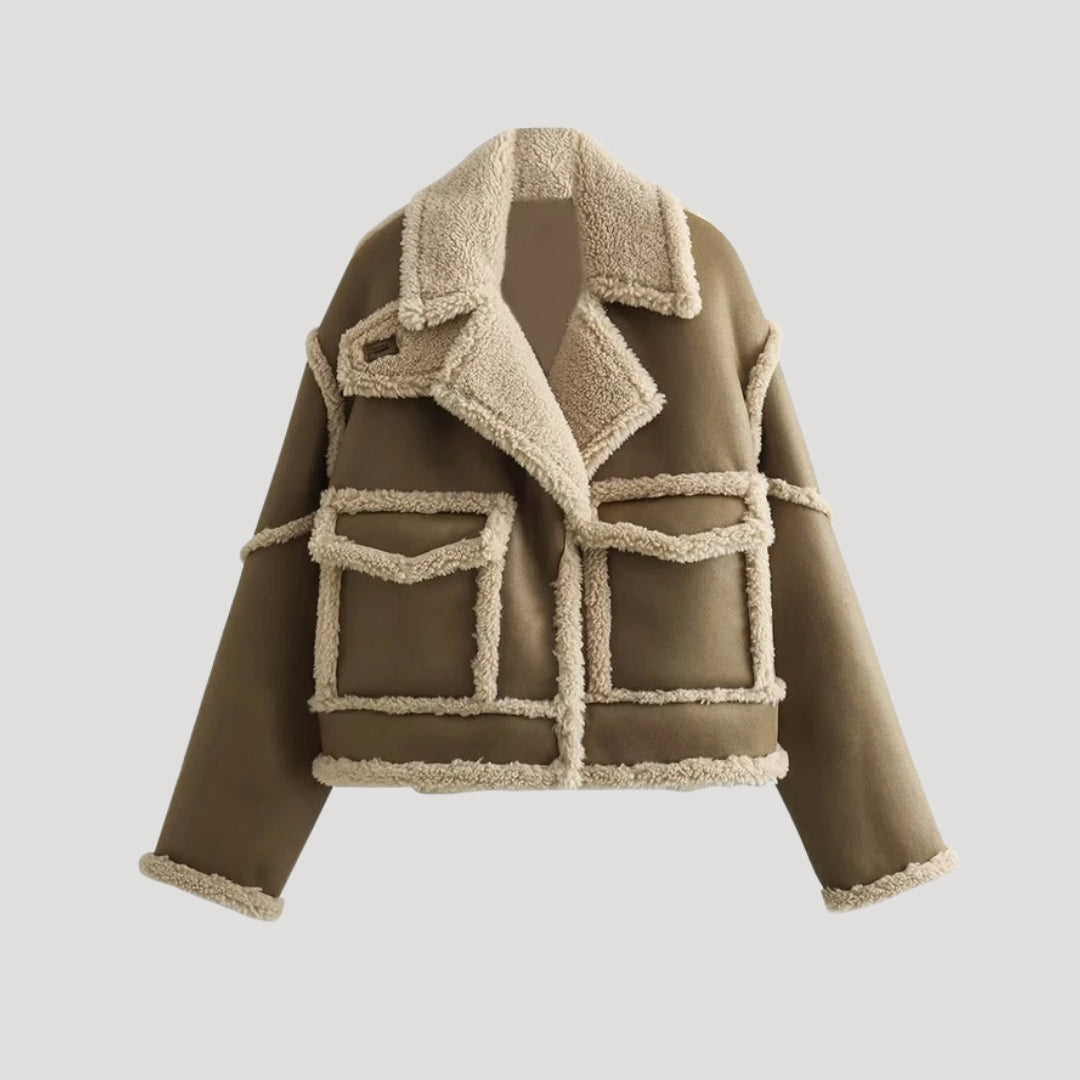 Džínová bunda s oříznutým střihom – umělá koženka s semišovým povrchem – zimní volnočasový styl