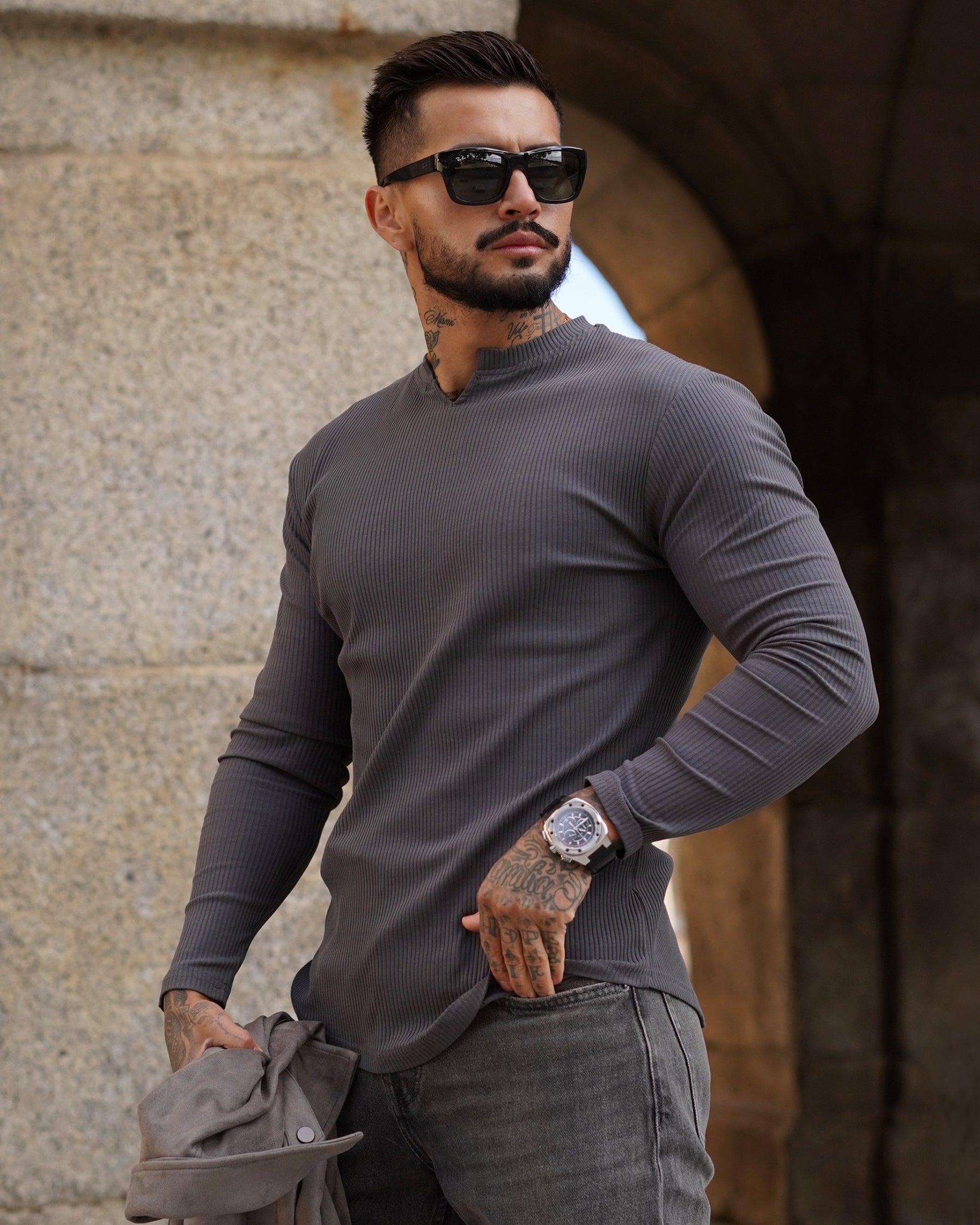 Muscle Fit V-Neck Long Sleeve Cotton Rib Knit T-Shirt