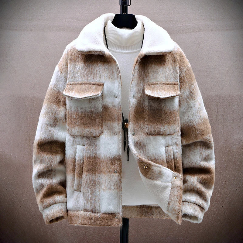 Pánská kostkovaná kožešinová bunda s fleecovou podšívkou