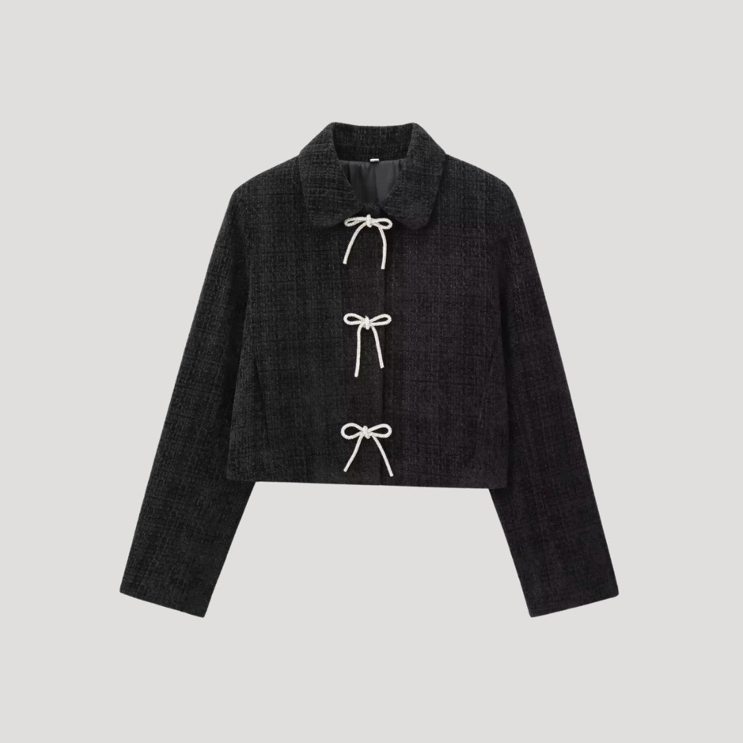 Sako z tkané látky s lukem vpředu – elegantní zkračený střih