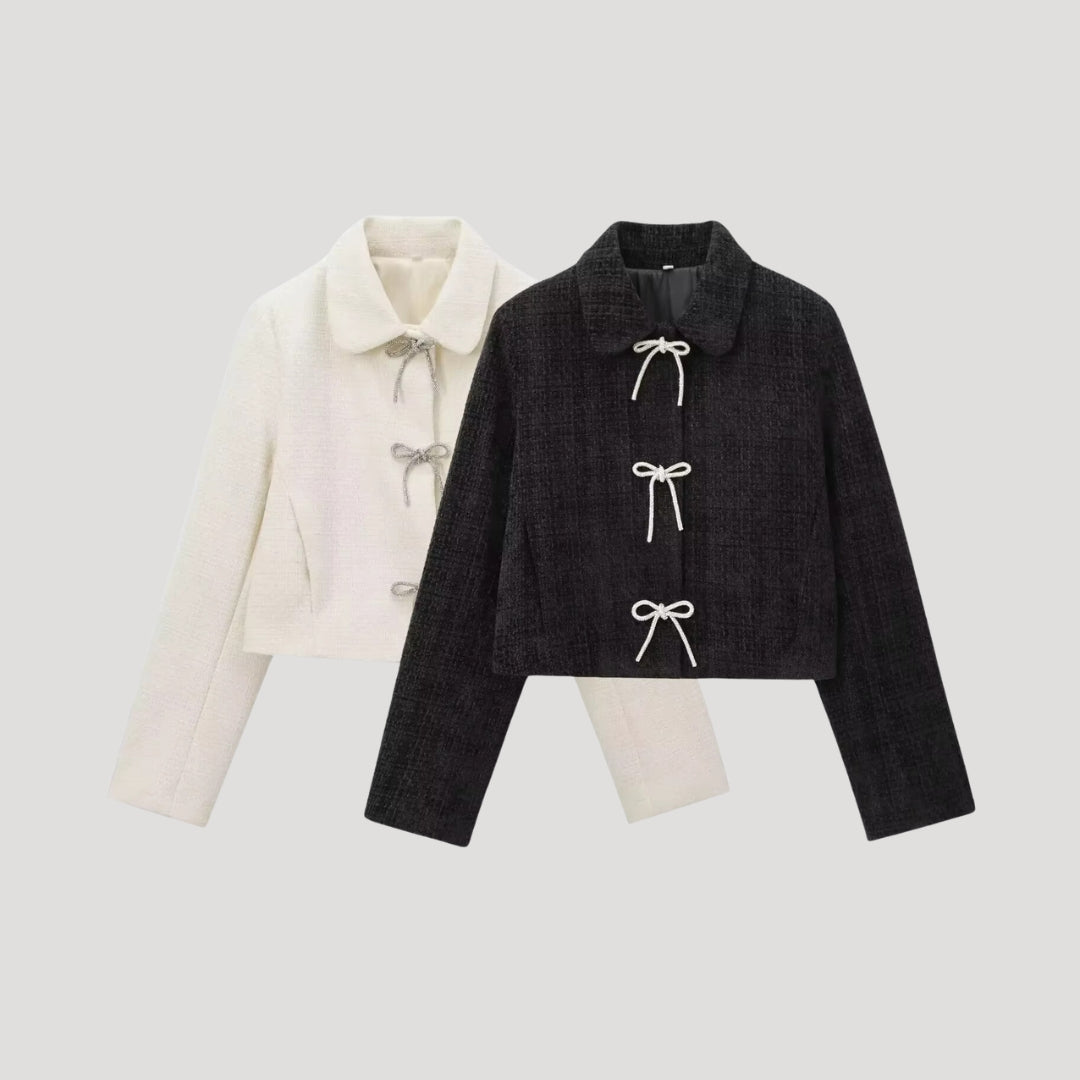 Sako z tkané látky s lukem vpředu – elegantní zkračený střih